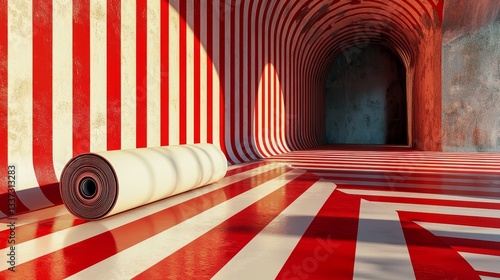 A rolled-up strip of wallpaper on a vibrant red wall forms a scene with flat stripes, resulting in a visually striking and modern aesthetic that is well-suited for design projects