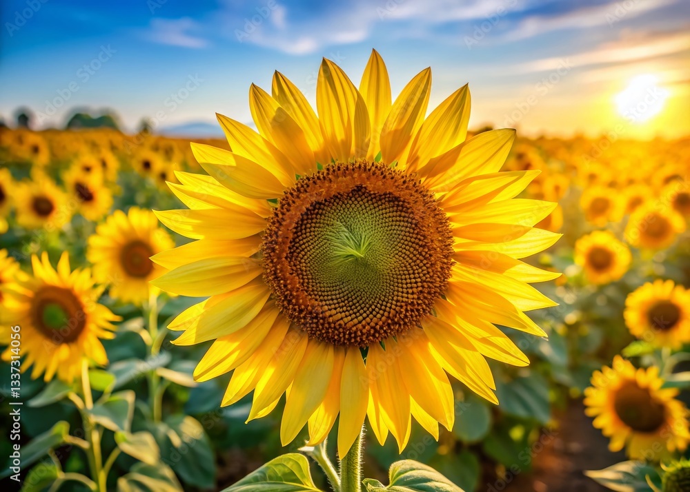 Obraz premium Vibrant Yellow Sunflower Field Close-Up: Summer Nature Photography