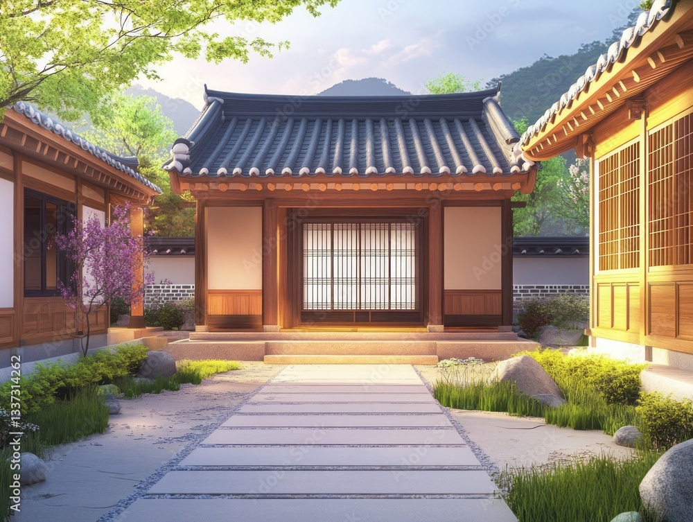 An elegant traditional asian style building and garden scene An elegant traditional asian style building and garden scene