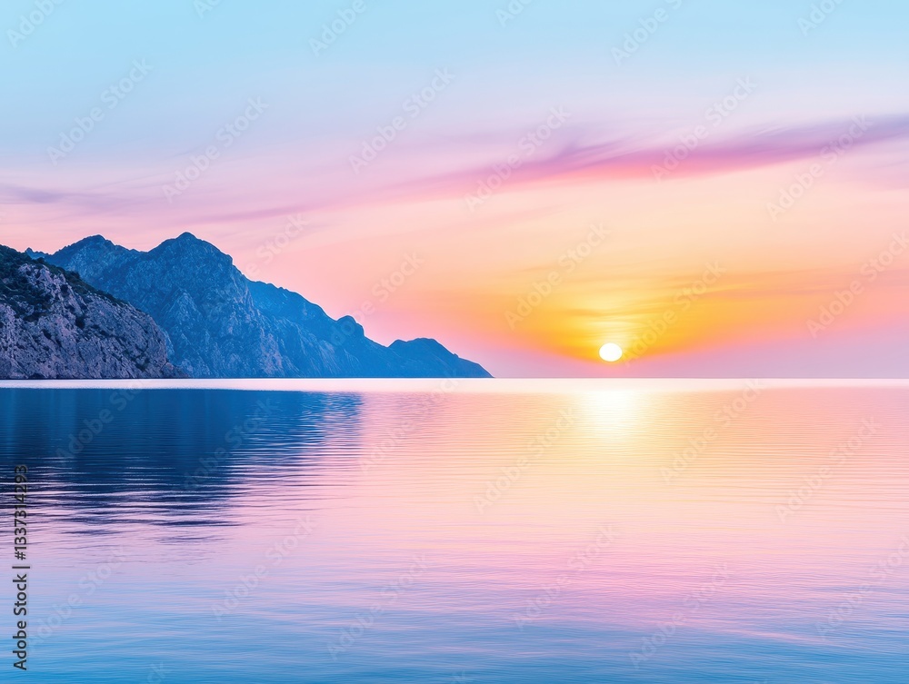 Naklejka premium Serene Sunset Over Tranquil Waters with Mountain Silhouettes in Background