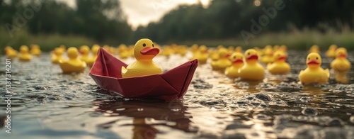 Yellow rubber ducks and red balls share a bubbly bath with a tiny red paper boat, creating a lively summer scene filled with an assortment of objects