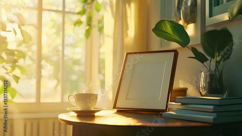 A stylish breakfast nook with a coffee cup, books, and an empty picture frame mockup on the table, surrounded by Scandinavian-inspired d?(C)cor. 40k, , high resolution