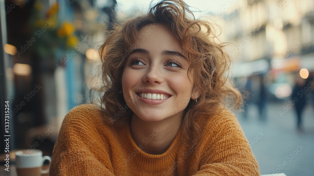 Smiling young caucasian female in cozy sweater enjoying urban outdoors Smiling young caucasian female in cozy sweater enjoying urban outdoors