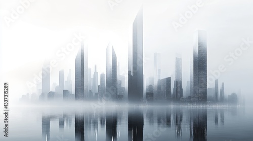 Futuristic cityscape with reflective skyscrapers emerging from misty water