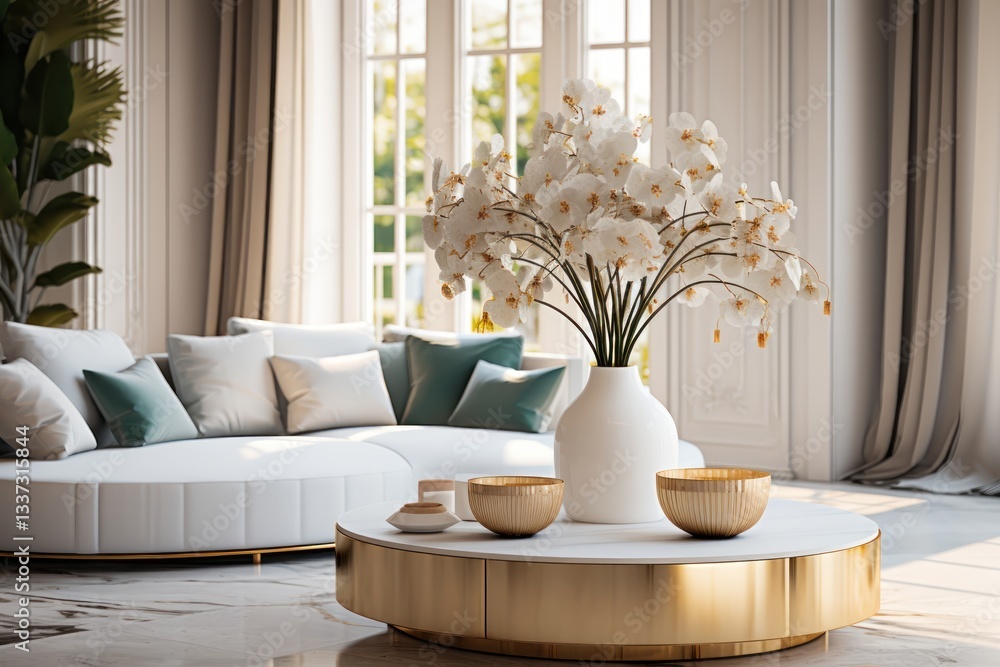 Obraz premium Luxury Living Room. Elegant Interior with Sophisticated Decor, Stylish Furniture, and Warm Ambiance. Interior Design and Real Estate Concept with Copy Space. Real Estate and Home Decor Concept.