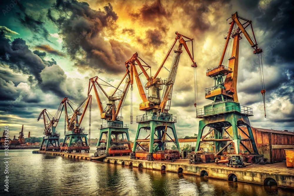 Obraz premium Vintage Gdynia Harbor Cranes: Cloudy Day in Poland