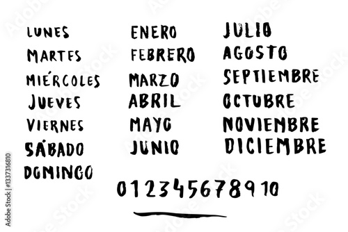 Palabras escritas a mano con pincel. Meses del año, días de la semana y números. Escrito en mayúsculas  en castellano