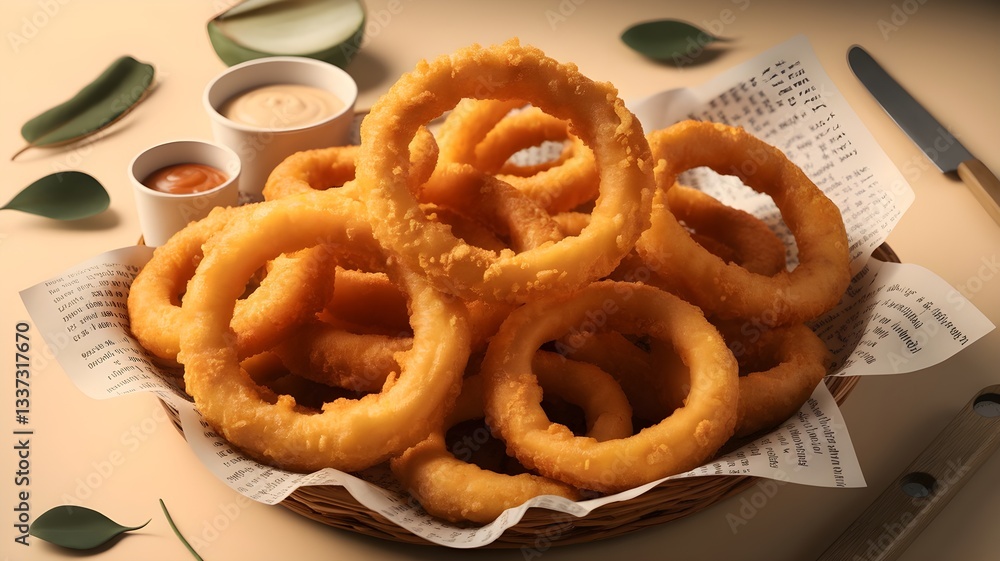 Golden, crispy onion rings served with dipping sauces, perfect for snacking or as a side dish. Comfort food at its finest! Golden, crispy onion rings served with dipping sauces, perfect for snacking or as a side dish. Comfort food at its finest!