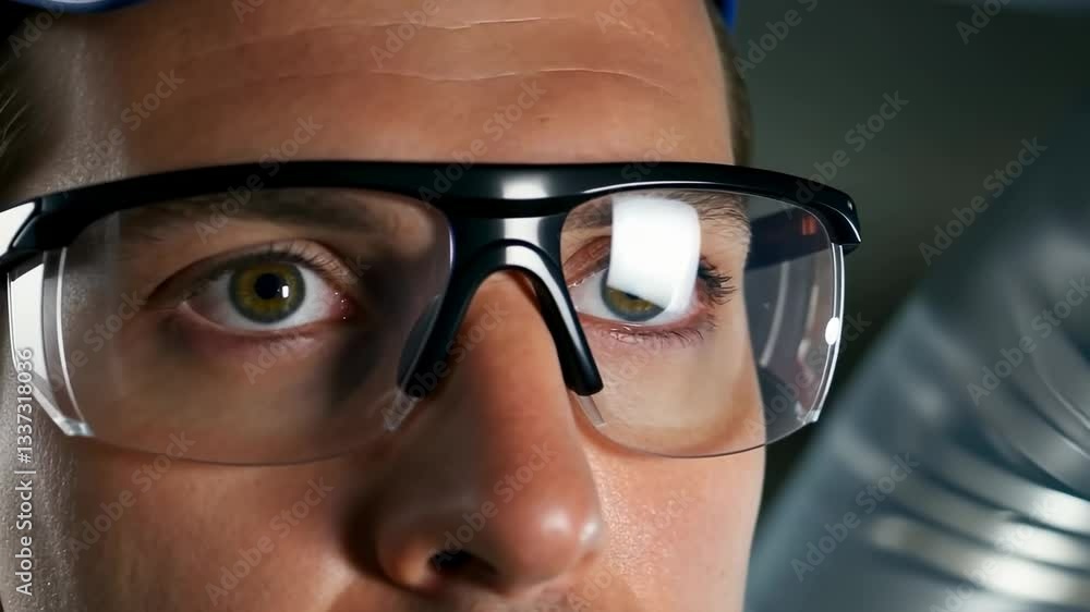 Intense focus and calm reflection in industrial setting with safety glasses Intense focus and calm reflection in industrial setting with safety glasses