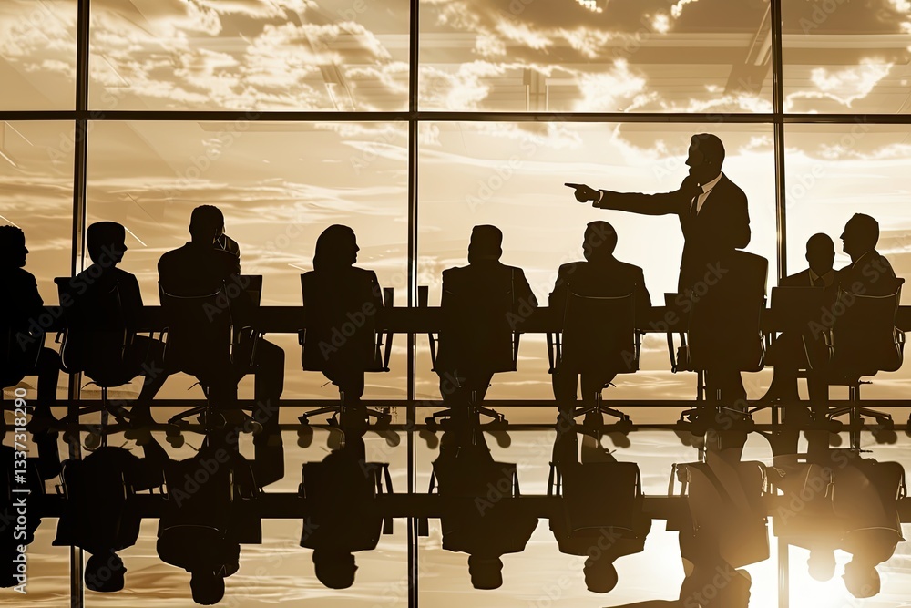 Business professionals in silhouette, actively pointing and collaborating at a conference table Business professionals in silhouette, actively pointing and collaborating at a conference table