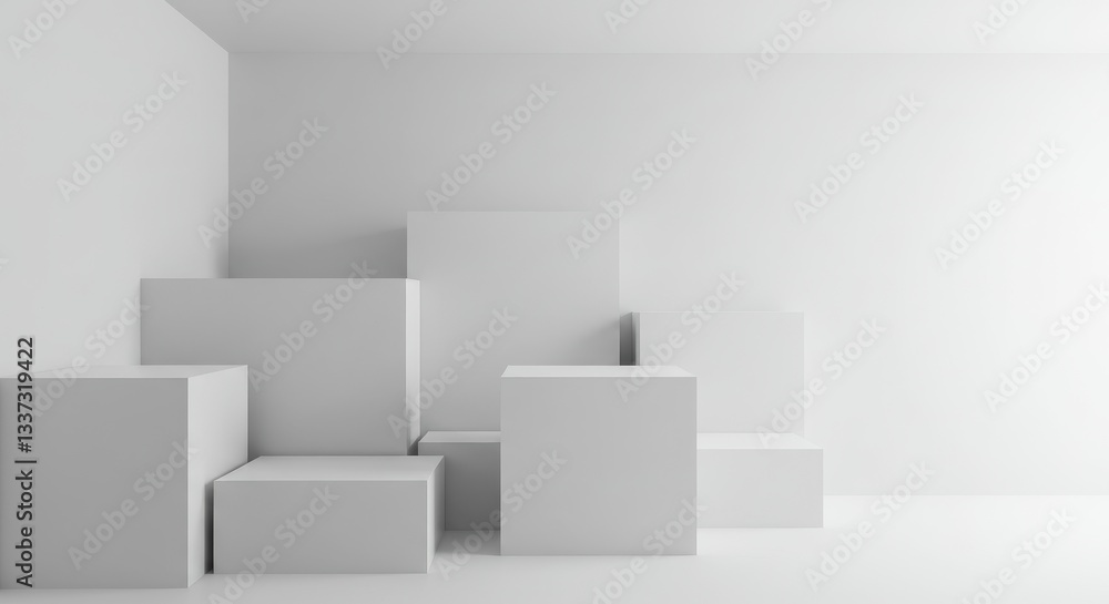 White Cube Room: Minimalist Spatial Design - Abstract composition of white cubes in a white room, symbolizing simplicity, order, architecture, modern design, and clean space White Cube Room: Minimalist Spatial Design - Abstract composition of white cubes in a white room, symbolizing simplicity, order, architecture, modern design, and clean space