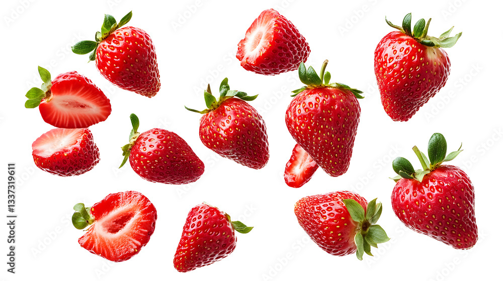 A bunch of strawberries are shown in various stages of ripeness, with some already cut open. Concept of abundance and freshness, as well as the idea of enjoying the natural sweetness of the fruit A bunch of strawberries are shown in various stages of ripeness, with some already cut open. Concept of abundance and freshness, as well as the idea of enjoying the natural sweetness of the fruit