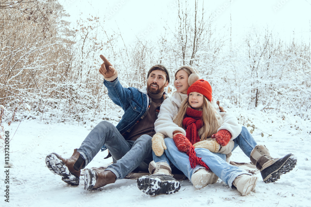 Obraz premium Cute young family having fun in a winter forest and looking enjoyed