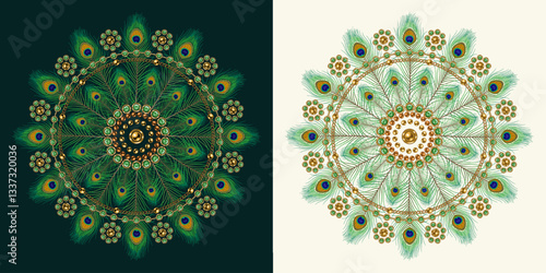 Jewelry deluxe circular motif like mandala with peacock feathers. Ornament made of gold jewelry chains, green gems, rhinestones, ball beads in vintage style