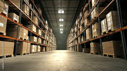 Wallpaper Mural An organized warehouse with towering shelves filled with uniformly stacked boxes, bathed in bright industrial lighting. Torontodigital.ca