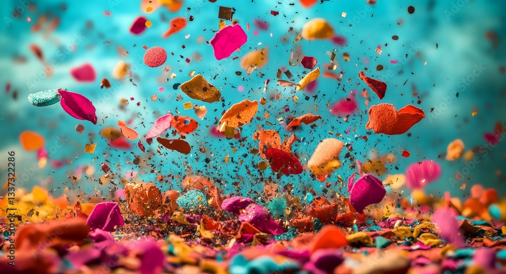 The falling of colorful confetti in the sky signifies a time of celebration, partying, joy, and festive celebrations The falling of colorful confetti in the sky signifies a time of celebration, partying, joy, and festive celebrations
