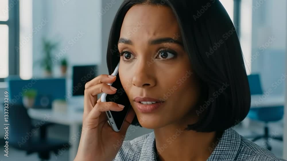 Professional woman engaging in intense phone conversation in modern office setting Professional woman engaging in intense phone conversation in modern office setting