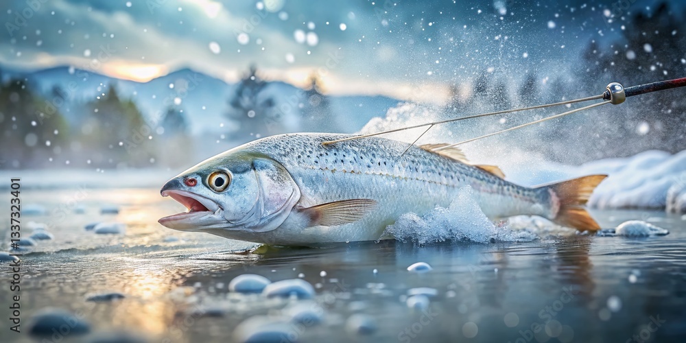 Fototapeta premium Winter Fly Fishing: White Fish on Rod - Long Exposure Photography
