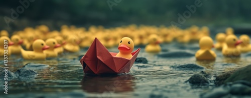 A bubbly bath is the backdrop for a carefree summer scene featuring a red paper boat, yellow rubber ducks, and floating red balls, all part of a colorful collection of objects
