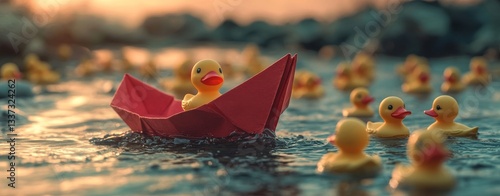 The image features a red paper boat navigating through a sea of yellow rubber ducks and red balls in a bathtub filled with colorful, bubbly water