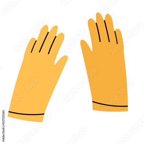 An illustration of a pair of yellow rubber gloves. Dish wash glove. Hand protection.