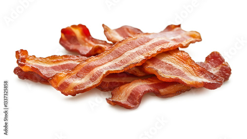 A pile of bacon strips on a white background. The bacon is crispy and golden brown. Concept of indulgence and satisfaction, as bacon is often associated with comfort food and hearty meals