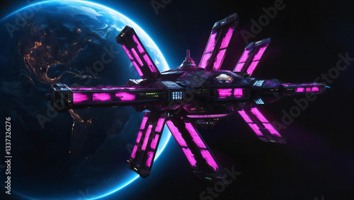 Futuristic Spacecraft in Orbit Around Earth
