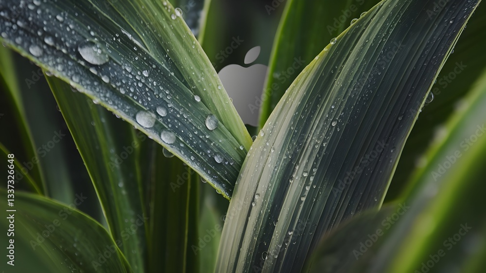 Fototapeta premium Close-up of vibrant green leaves adorned with delicate water droplets, showcasing nature's beauty and serenity. 