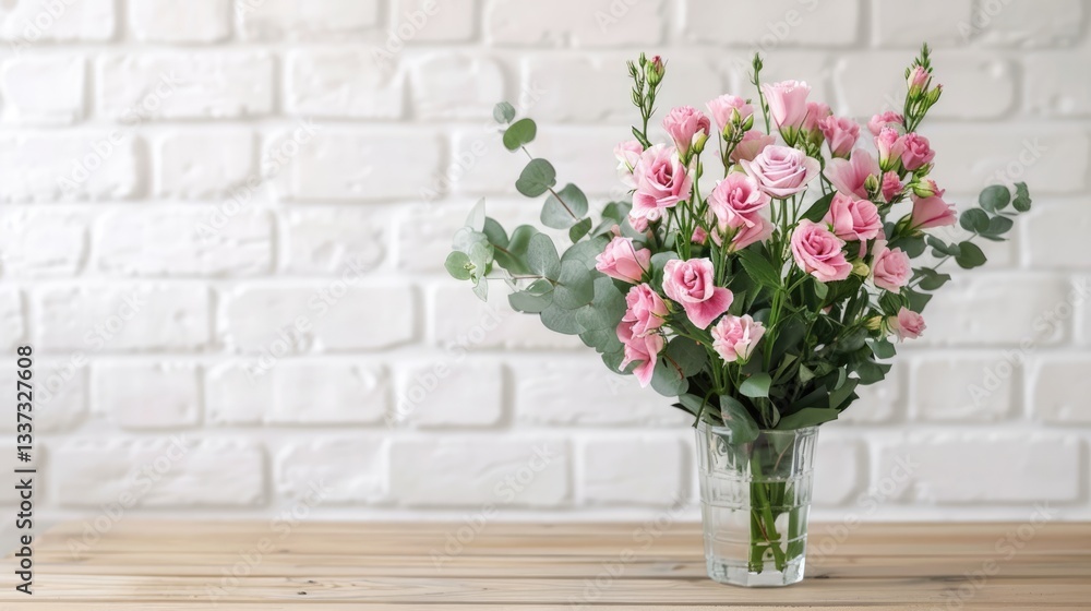 Fototapeta premium Pink Roses in a Glass Vase on a Wooden Table Against a White Brick Wall