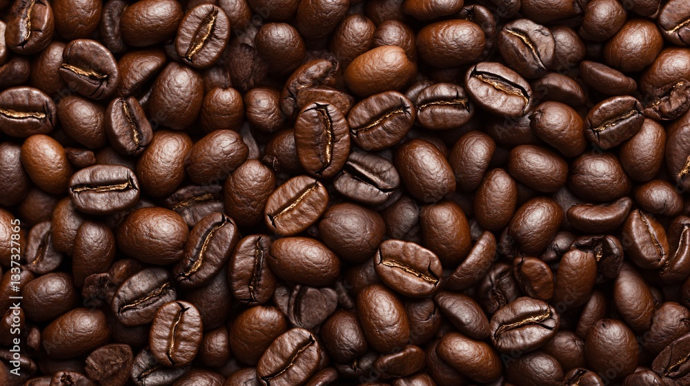 Obraz premium Dark roasted coffee beans, rich texture and deep color, perfect for showcasing coffee culture or gourmet food themes.