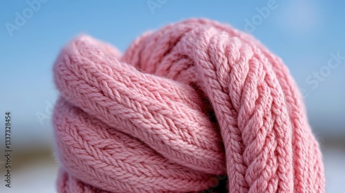 A beautiful pink knitted scarf is artfully bundled against a clear blue sky, its intricate textures and soft folds inviting warmth and comfort.