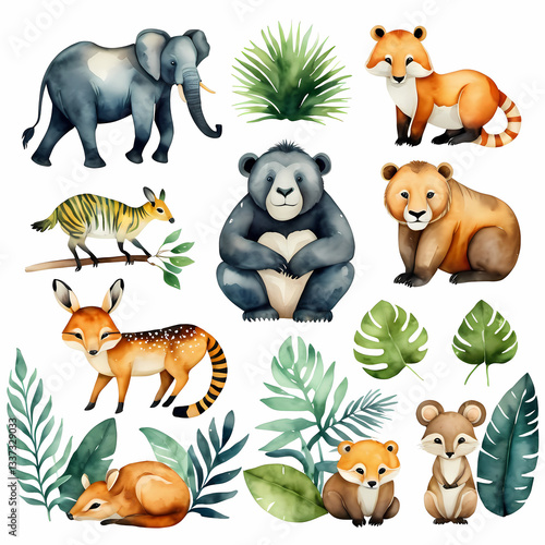 Watercolor Wildlife Animals Set. Hand-Painted Forest and Jungle Creature Illustration Posters, Prints, Design Projects
