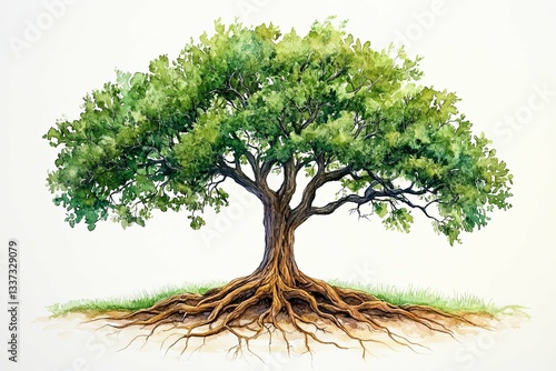 Watercolor Painting Depicting a Large Mature Tree With Roots Showing