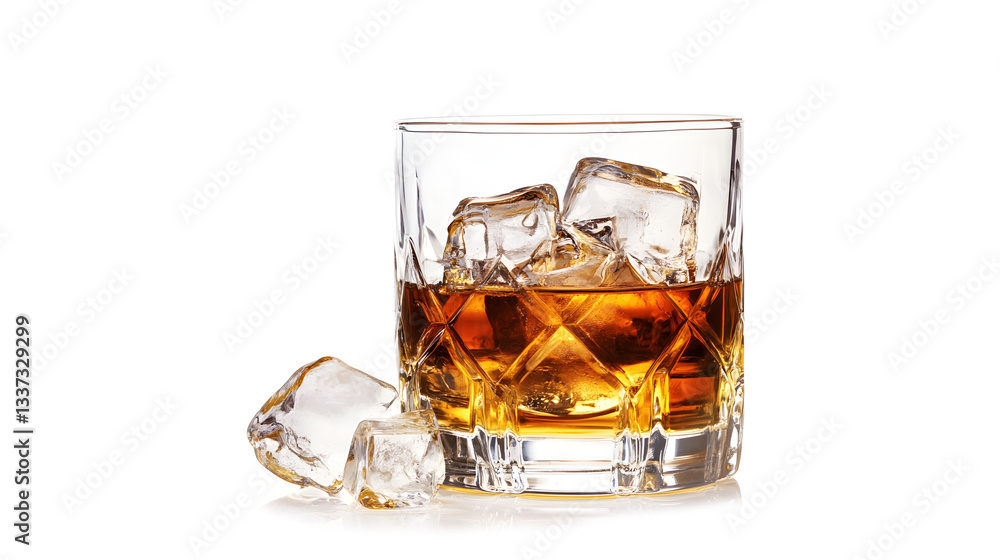 A glass of liquor with ice cubes in it. The ice cubes are scattered around the glass, and the glass is almost full. Concept of relaxation and enjoyment, as the ice cubes suggest a cool A glass of liquor with ice cubes in it. The ice cubes are scattered around the glass, and the glass is almost full. Concept of relaxation and enjoyment, as the ice cubes suggest a cool