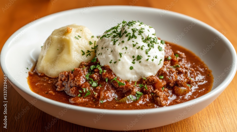 Delicious Czechoslovakian goulash served with dumplings and garnished with parsley in a warm and inviting setting Delicious Czechoslovakian goulash served with dumplings and garnished with parsley in a warm and inviting setting