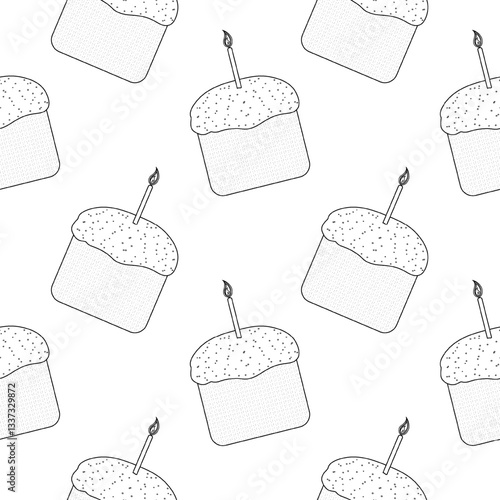 Hand drawn seamless pattern featuring traditional Easter cakes with icing, sprinkles, and candles in black and white. Coloring Page for kids.