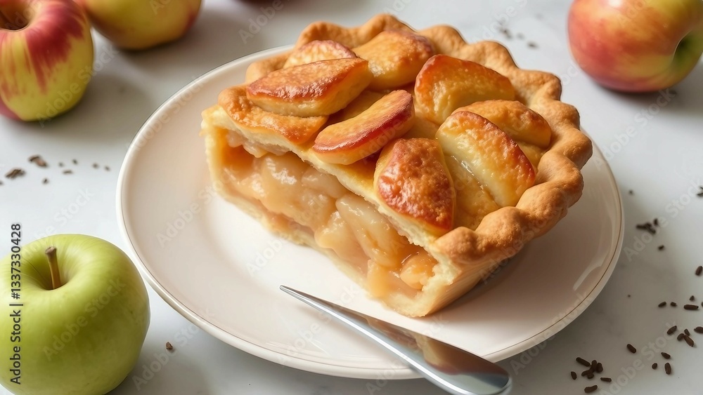 Nahaufnahme eines köstlichen Apfelkuchens mit goldbrauner Kruste in einer rustikalen Form. Ideal für Herbstrezepte und saisonale Backwaren Nahaufnahme eines köstlichen Apfelkuchens mit goldbrauner Kruste in einer rustikalen Form. Ideal für Herbstrezepte und saisonale Backwaren
