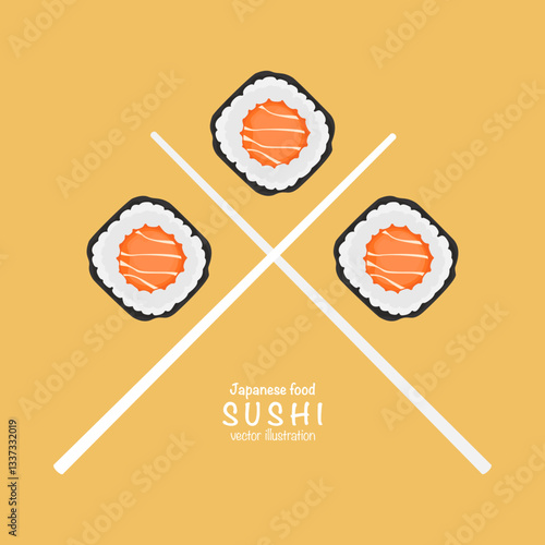 Set of various types of sushi vector. Delicious food. Popular Japanese food. Sushi roll. Maki sushi 3 pieces. Salmon filling. Simple and modern layout. For use as sushi illustration. Japanese food.
