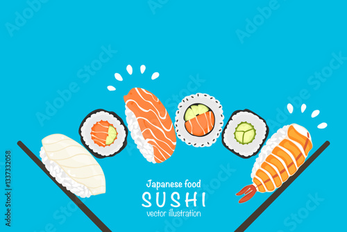 Set of different types of sushi vector illustration. Delicious food. Popular Japanese food. Nigiri sushi. Raw fish on rice. Recipe. Cooking. Menu. Restaurant. For food design, poster and background.
