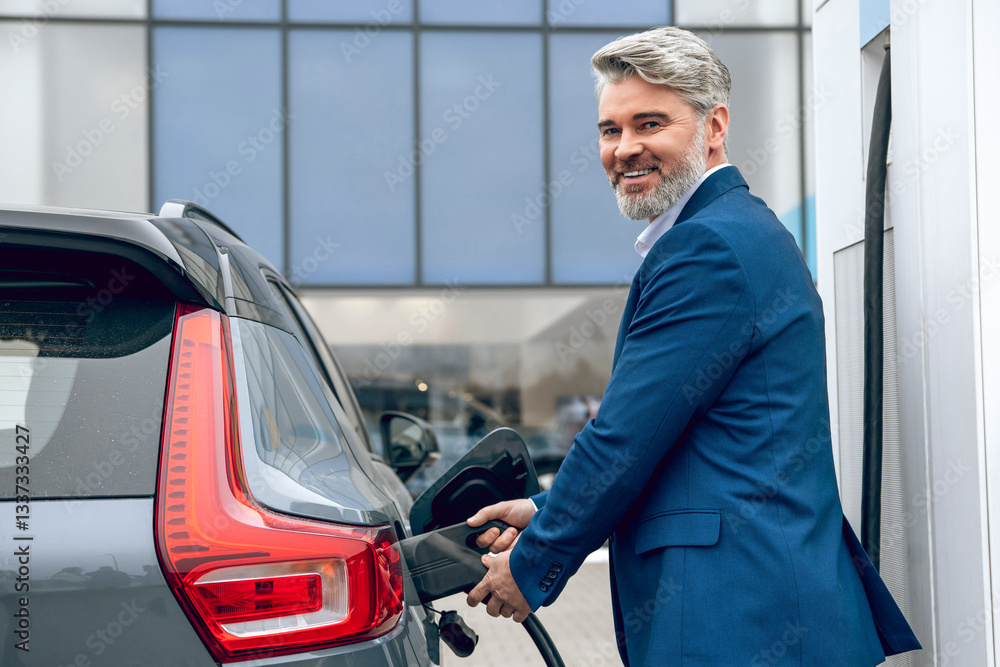 Man wearing official style suit at pump fueling his automobile with diesel Man wearing official style suit at pump fueling his automobile with diesel