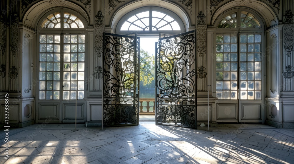 Obraz premium Ornate Iron Gates Leading to a Sunlit Garden