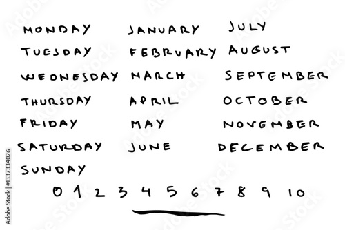 Palabras escritas a mano con rotulador. Meses del año, días de la semana y números. Escrito en mayúsculas en ingles