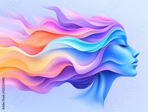 Abstract representation of a serene woman with flowing colorful hair, symbolizing freedom