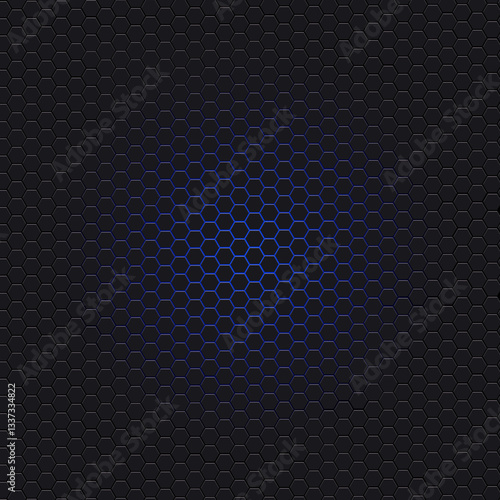 Futuristic honeycomb texture on black background with blue glow light in the center