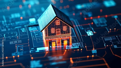 Digital representation of a house on a high-tech background illustrating smart home technology integration