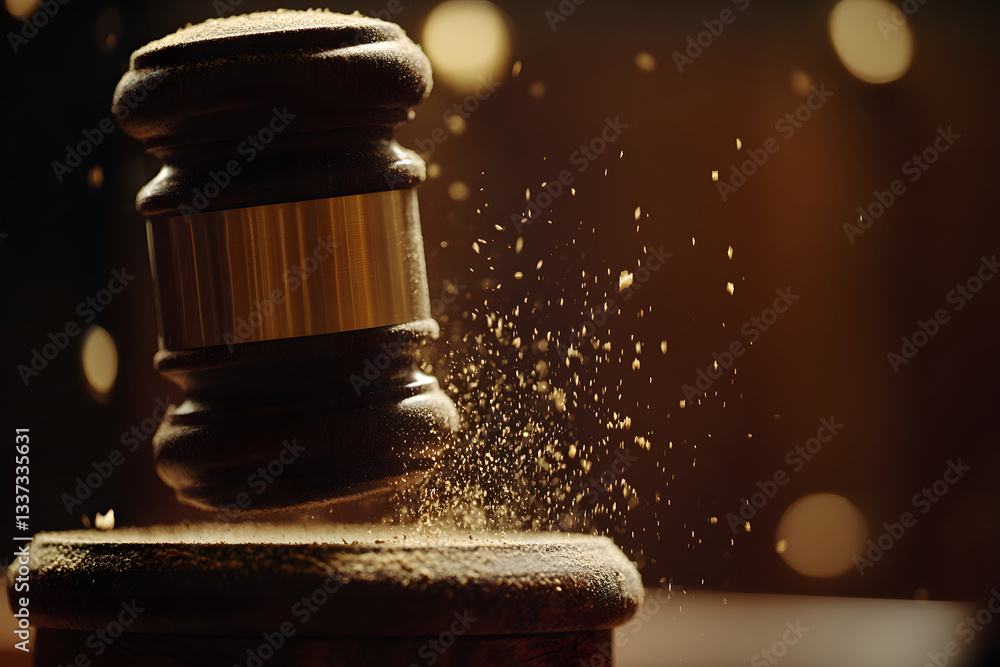 A gavel descends, releasing a cloud of dust, symbolizing the weight of justice and authority.