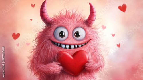 A fluffy pink monster with adorable horns and a big smile, holding a red heart. Perfect for Valentine's Day, children's products, or adding a touch of whimsy and love to any design.