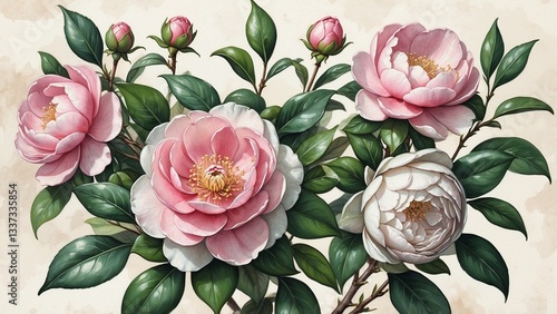 Graceful watercolor camellias with soft pink and white blooms and glossy green leaves on a gentle background