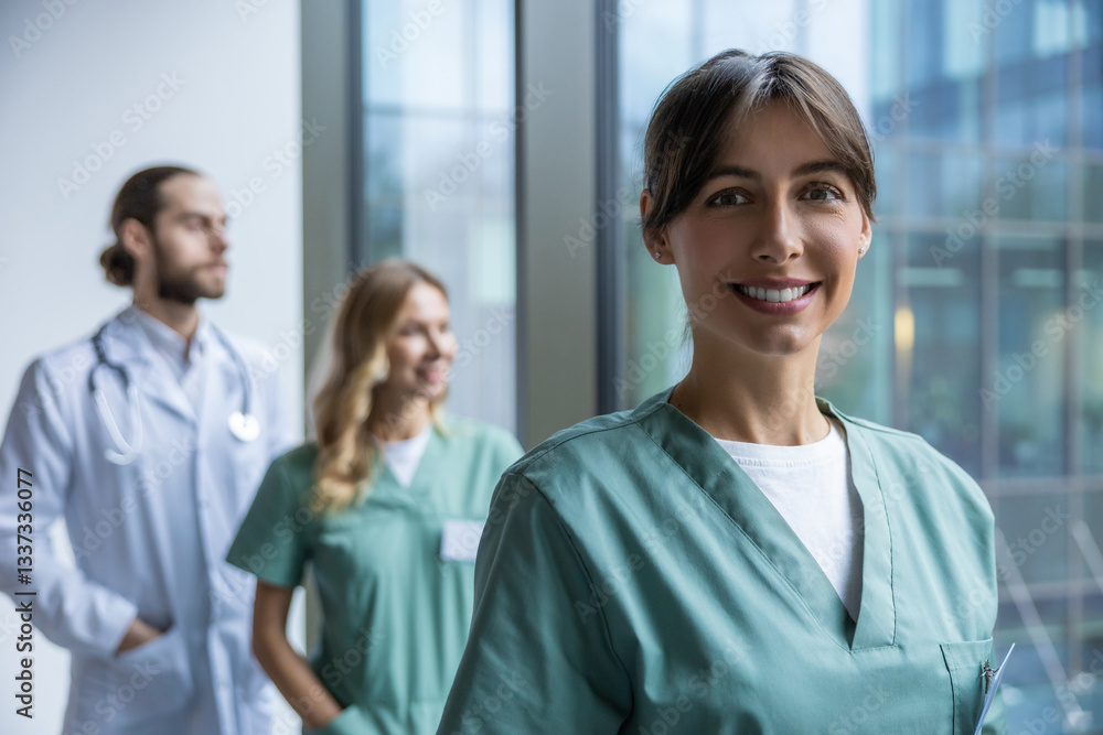 Woman physician standing near window in clinic with medical colleagues on background Woman physician standing near window in clinic with medical colleagues on background