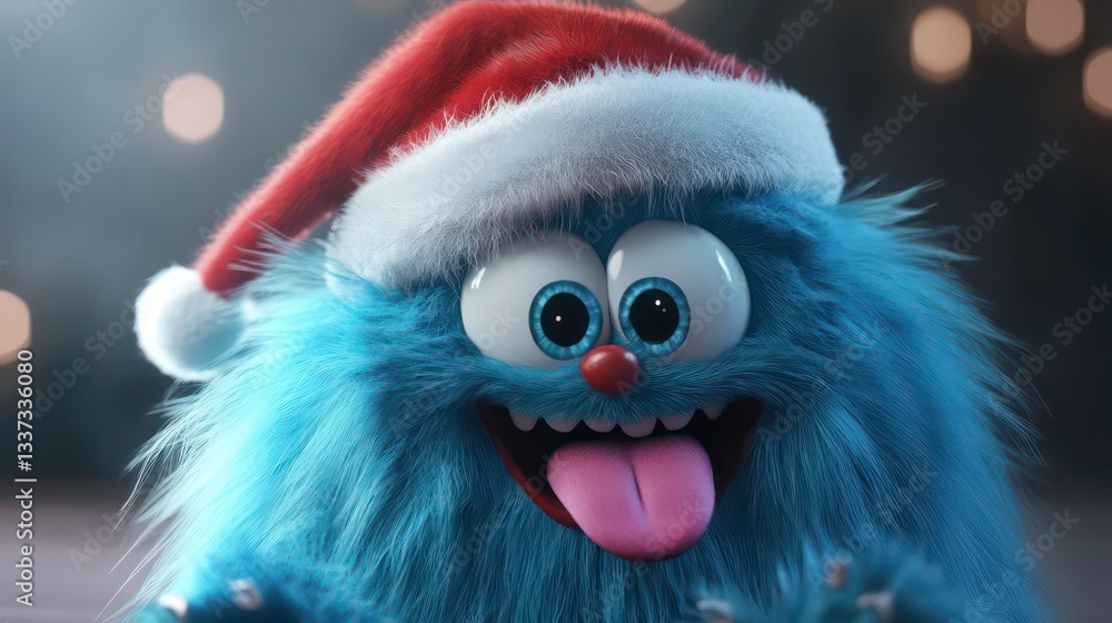 A fluffy blue monster wearing a Santa hat with a playful expression and tongue sticking out. Perfect for holiday-themed projects, children's books, greeting cards, or adding a touch of whimsy to any A fluffy blue monster wearing a Santa hat with a playful expression and tongue sticking out. Perfect for holiday-themed projects, children's books, greeting cards, or adding a touch of whimsy to any